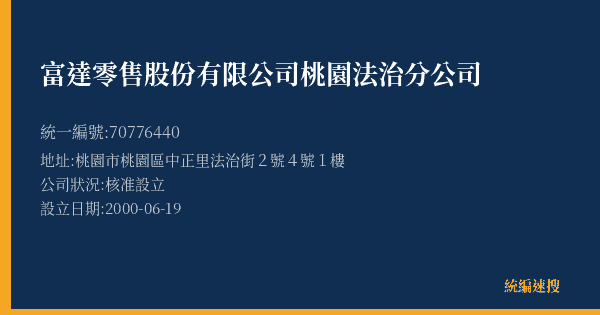 富達零售股份有限公司桃園法治分公司的照片-統編 70776440(桃園市) 公司登記資料與營業項目詳細圖表