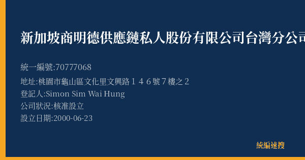 新加坡商明德供應鏈私人股份有限公司台灣分公司的照片-統編 70777068(桃園市) 公司登記資料與營業項目詳細圖表