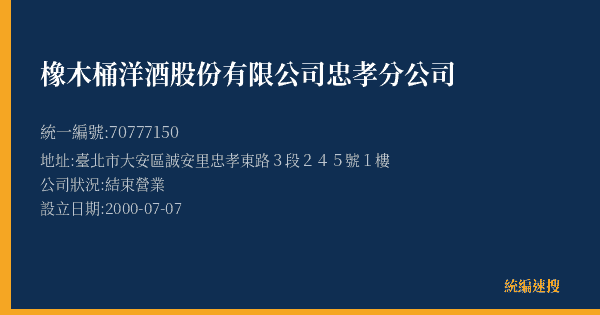 橡木桶洋酒股份有限公司忠孝分公司的照片-統編 70777150(臺北市) 公司登記資料與營業項目詳細圖表