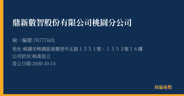 鼎新數智股份有限公司桃園分公司的照片-統編 70777601(桃園市) 公司登記資料與營業項目詳細圖表