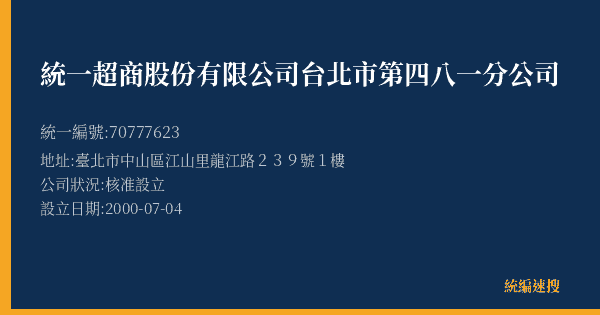 統一超商股份有限公司台北市第四八一分公司的照片-統編 70777623(臺北市) 公司登記資料與營業項目詳細圖表
