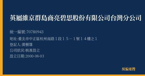 英屬維京群島商亮碧思股份有限公司台灣分公司的照片-統編 70780943(臺北市) 公司登記資料與營業項目詳細圖表