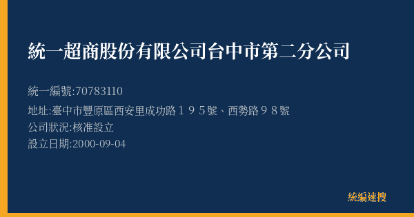統一超商股份有限公司台中市第二分公司的照片-統編 70783110(臺中市) 公司登記資料與營業項目詳細圖表