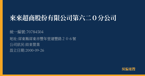 來來超商股份有限公司第六二0分公司的照片-統編 70784504(屏東縣) 公司登記資料與營業項目詳細圖表