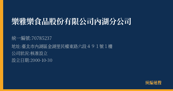 樂雅樂食品股份有限公司內湖分公司的照片-統編 70785237(臺北市) 公司登記資料與營業項目詳細圖表