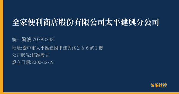 全家便利商店股份有限公司太平建興分公司的照片-統編 70793243(臺中市) 公司登記資料與營業項目詳細圖表
