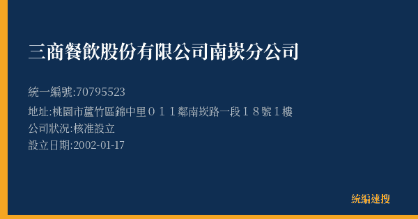 三商餐飲股份有限公司南崁分公司的照片-統編 70795523(桃園市) 公司登記資料與營業項目詳細圖表
