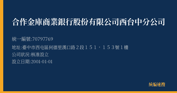 合作金庫商業銀行股份有限公司西台中分公司的照片-統編 70797769(臺中市) 公司登記資料與營業項目詳細圖表