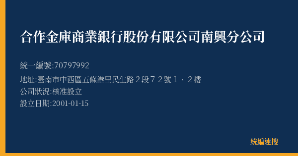 合作金庫商業銀行股份有限公司南興分公司的照片-統編 70797992(臺南市) 公司登記資料與營業項目詳細圖表