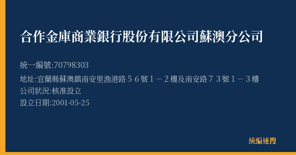 合作金庫商業銀行股份有限公司蘇澳分公司的照片-統編 70798303(宜蘭縣) 公司登記資料與營業項目詳細圖表