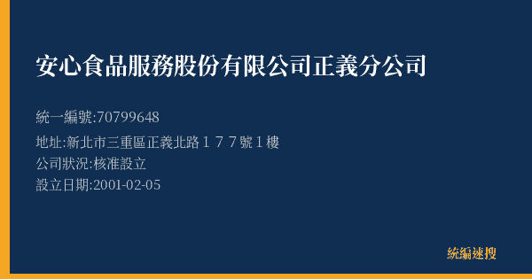 安心食品服務股份有限公司正義分公司的照片-統編 70799648(新北市) 公司登記資料與營業項目詳細圖表