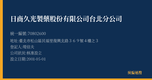 日商久光製藥股份有限公司台北分公司的照片-統編 70802600(臺北市) 公司登記資料與營業項目詳細圖表