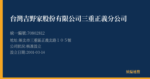 台灣吉野家股份有限公司三重正義分公司的照片-統編 70802812(新北市) 公司登記資料與營業項目詳細圖表
