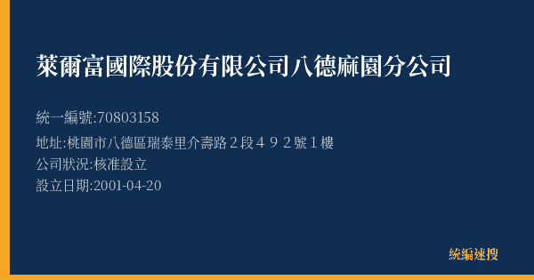 萊爾富國際股份有限公司八德麻園分公司的照片-統編 70803158(桃園市) 公司登記資料與營業項目詳細圖表