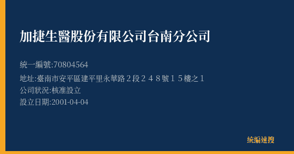 加捷生醫股份有限公司台南分公司的照片-統編 70804564(臺南市) 公司登記資料與營業項目詳細圖表