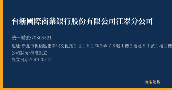 台新國際商業銀行股份有限公司江翠分公司的照片-統編 70805521(新北市) 公司登記資料與營業項目詳細圖表