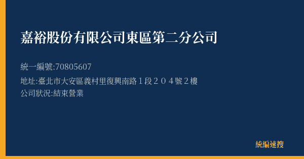 嘉裕股份有限公司東區第二分公司的照片-統編 70805607(臺北市) 公司登記資料與營業項目詳細圖表
