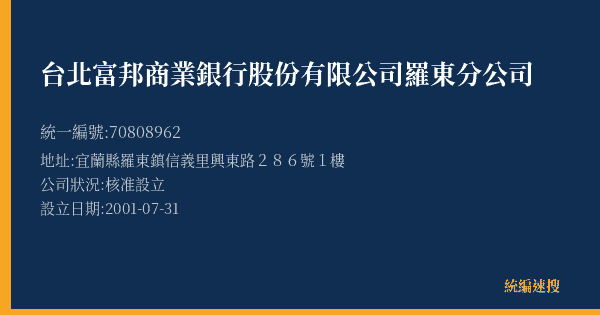 台北富邦商業銀行股份有限公司羅東分公司的照片-統編 70808962(宜蘭縣) 公司登記資料與營業項目詳細圖表