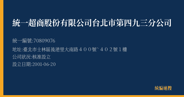 統一超商股份有限公司台北市第四九三分公司的照片-統編 70809076(臺北市) 公司登記資料與營業項目詳細圖表