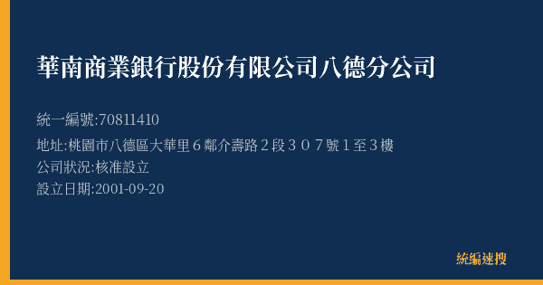 華南商業銀行股份有限公司八德分公司的照片-統編 70811410(桃園市) 公司登記資料與營業項目詳細圖表