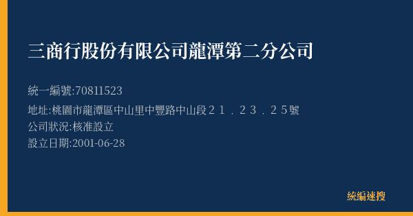三商行股份有限公司龍潭第二分公司的照片-統編 70811523(桃園市) 公司登記資料與營業項目詳細圖表