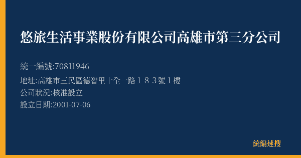 悠旅生活事業股份有限公司高雄市第三分公司的照片-統編 70811946(高雄市) 公司登記資料與營業項目詳細圖表