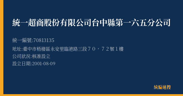 統一超商股份有限公司台中縣第一六五分公司的照片-統編 70813135(臺中市) 公司登記資料與營業項目詳細圖表