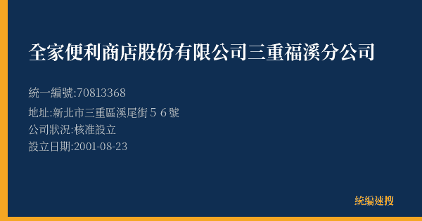 全家便利商店股份有限公司三重福溪分公司的照片-統編 70813368(新北市) 公司登記資料與營業項目詳細圖表