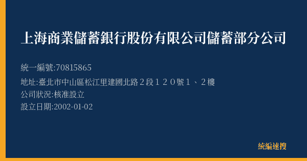 上海商業儲蓄銀行股份有限公司儲蓄部分公司的照片-統編 70815865(臺北市) 公司登記資料與營業項目詳細圖表