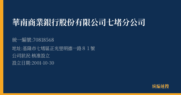華南商業銀行股份有限公司七堵分公司的照片-統編 70818568(基隆市) 公司登記資料與營業項目詳細圖表