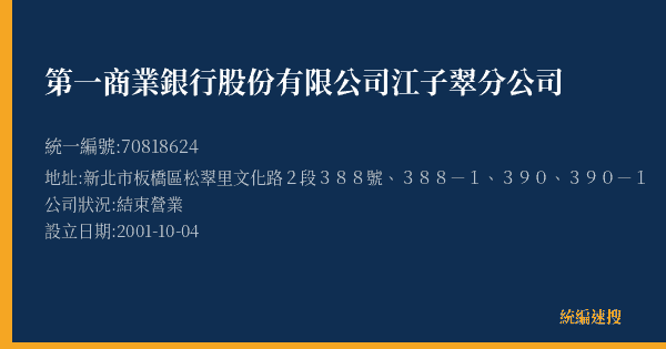 第一商業銀行股份有限公司江子翠分公司的照片-統編 70818624(新北市) 公司登記資料與營業項目詳細圖表