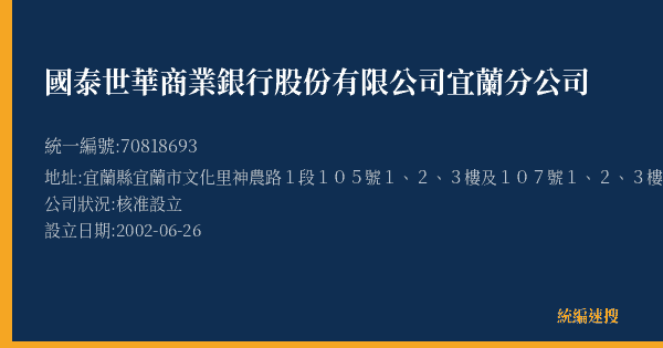 國泰世華商業銀行股份有限公司宜蘭分公司的照片-統編 70818693(宜蘭縣) 公司登記資料與營業項目詳細圖表