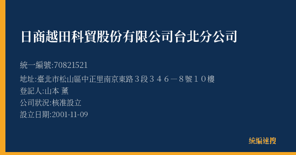日商越田科貿股份有限公司台北分公司的照片-統編 70821521(臺北市) 公司登記資料與營業項目詳細圖表