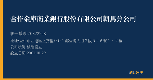 合作金庫商業銀行股份有限公司朝馬分公司的照片-統編 70822248(臺中市) 公司登記資料與營業項目詳細圖表