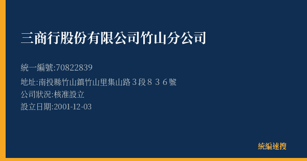 三商行股份有限公司竹山分公司的照片-統編 70822839(南投縣) 公司登記資料與營業項目詳細圖表