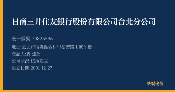 日商三井住友銀行股份有限公司台北分公司的照片-統編 70825596(臺北市) 公司登記資料與營業項目詳細圖表
