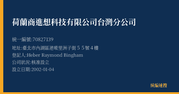 荷蘭商進想科技有限公司台灣分公司的照片-統編 70827139(臺北市) 公司登記資料與營業項目詳細圖表
