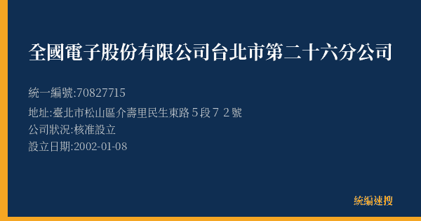 全國電子股份有限公司台北市第二十六分公司的照片-統編 70827715(臺北市) 公司登記資料與營業項目詳細圖表
