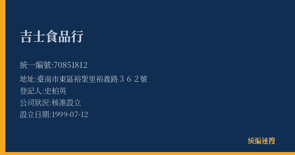 吉士食品行的照片-統編 70851812(臺南市) 公司登記資料與營業項目詳細圖表