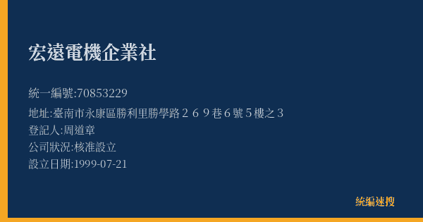 宏遠電機企業社的照片-統編 70853229(臺南市) 公司登記資料與營業項目詳細圖表