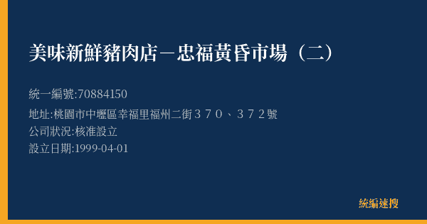美味新鮮豬肉店-忠福黃昏市場(二)的照片-統編 70884150(桃園市) 公司登記資料與營業項目詳細圖表