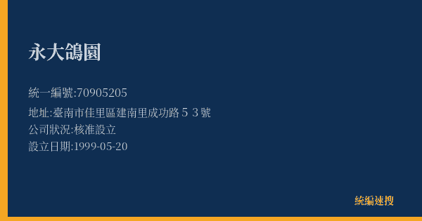 永大鴿園的照片-統編 70905205(臺南市) 公司登記資料與營業項目詳細圖表