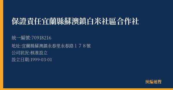 保證責任宜蘭縣蘇澳鎮白米社區合作社的照片-統編 70918216(宜蘭縣) 公司登記資料與營業項目詳細圖表