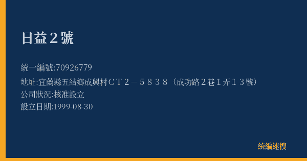 日益2號的照片-統編 70926779(宜蘭縣) 公司登記資料與營業項目詳細圖表