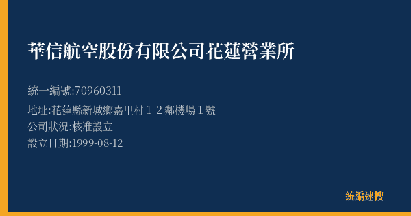 華信航空股份有限公司花蓮營業所的照片-統編 70960311(花蓮縣) 公司登記資料與營業項目詳細圖表