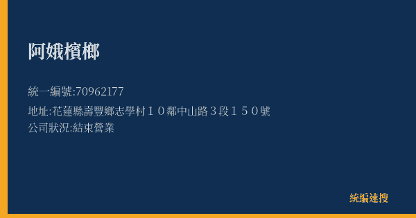 阿娥檳榔的照片-統編 70962177(花蓮縣) 公司登記資料與營業項目詳細圖表