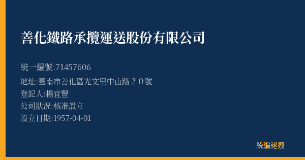善化鐵路承攬運送股份有限公司的照片-統編 71457606(臺南市) 公司登記資料與營業項目詳細圖表