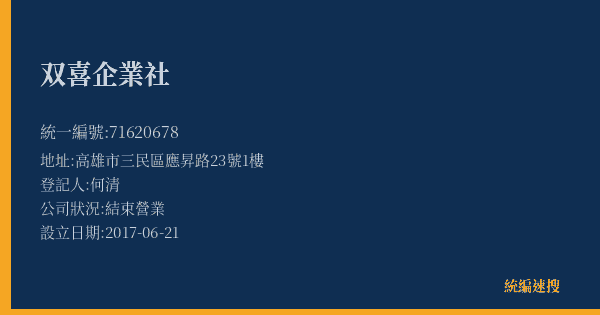双喜企業社的照片-統編 71620678(高雄市) 公司登記資料與營業項目詳細圖表