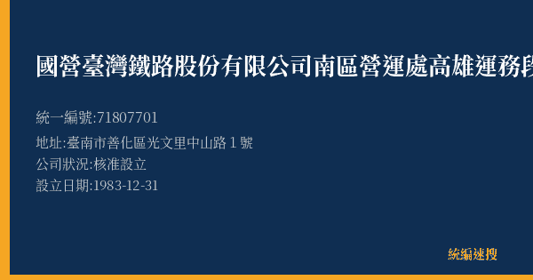 國營臺灣鐵路股份有限公司南區營運處高雄運務段善化站的照片-統編 71807701(臺南市) 公司登記資料與營業項目詳細圖表