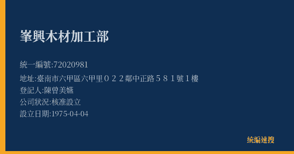 峯興木材加工部的照片-統編 72020981(臺南市) 公司登記資料與營業項目詳細圖表